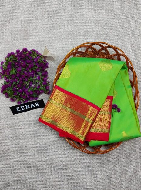 Parrot green & red colored pure Kanchipuram Silk Saree