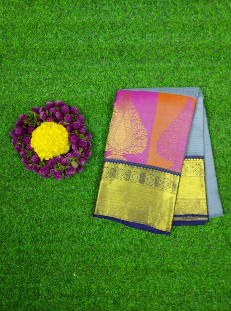Kanchipuram Grey Saree Gold Border