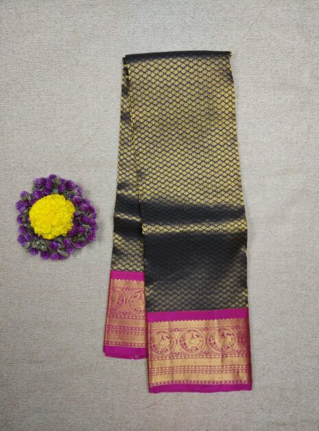 Kanchipuram-Navy-Blue-Saree-Pink-Border-1 Kanchipuram Navy Blue Saree Pink Border