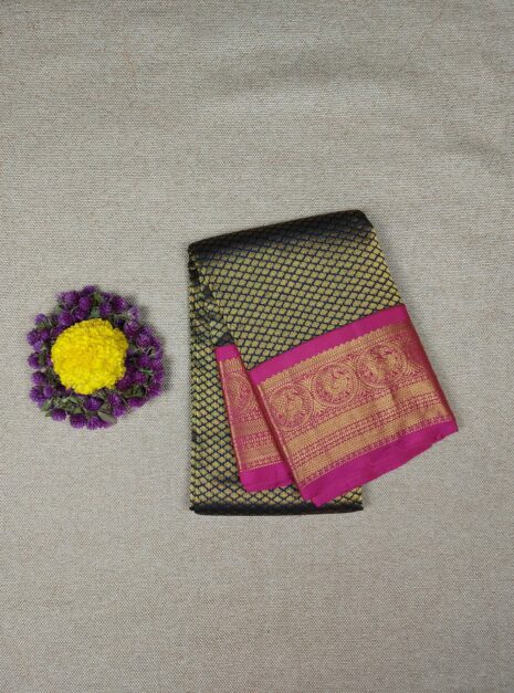Kanchipuram-Navy-Blue-Saree-Pink-Border-2 Kanchipuram Navy Blue Saree Pink Border