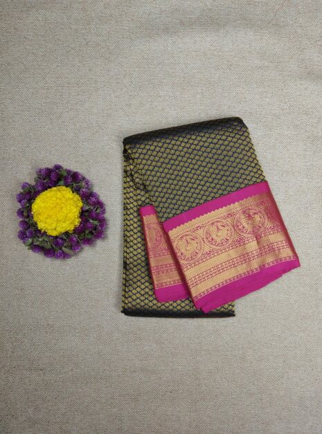 Kanchipuram Navy Blue Saree Pink Border